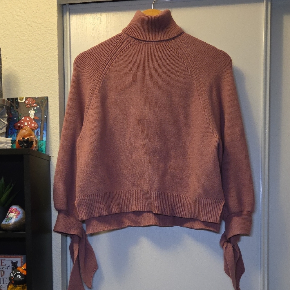 Zara Mauve Pink Turtleneck Sweater Size Small Bow Sleeves